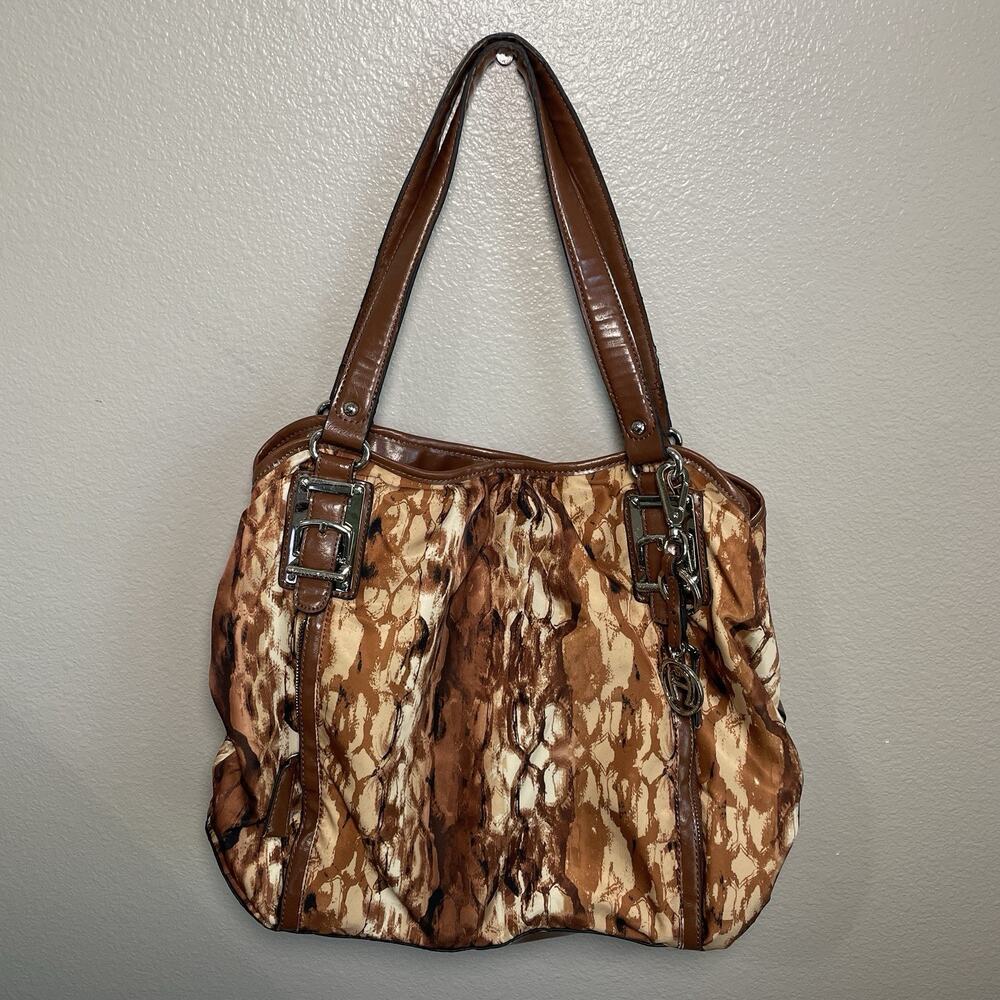 Etienne Aigner Double Handle Purse Hand Bag Snake Print Brown Magnet Close Flaws